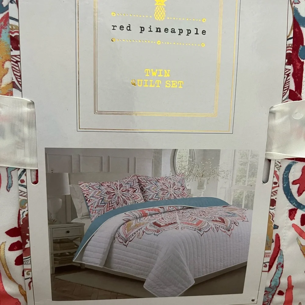 White Quilted Comforter with Red, Gold and Teal Floral Accents